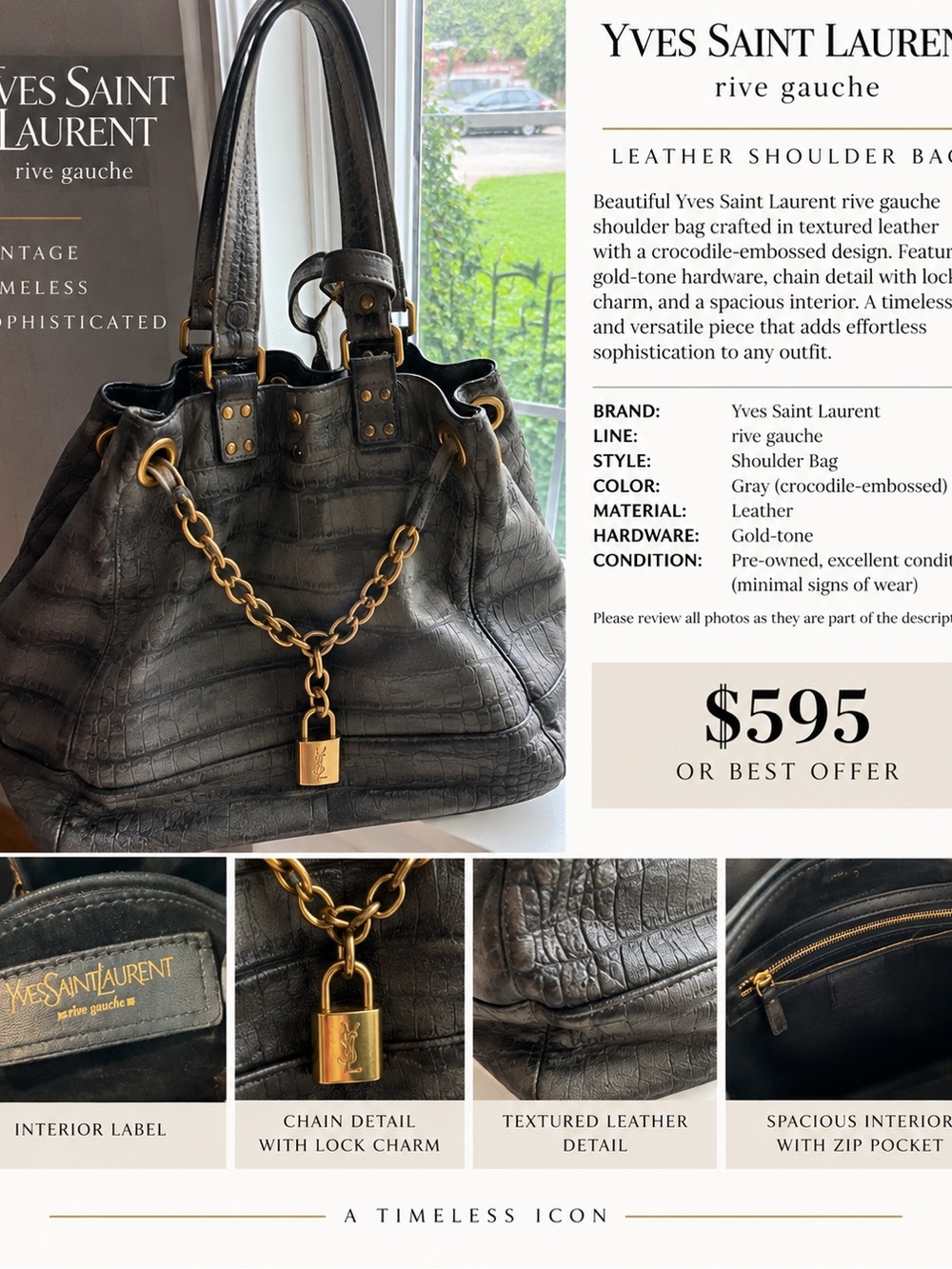Yves Saint Laurent Gray Crocodile-Embossed Leather Shoulder Tote